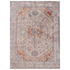 Modern Rug Hand Knotted Beige Blue Grey in Style of Heriz Serapi