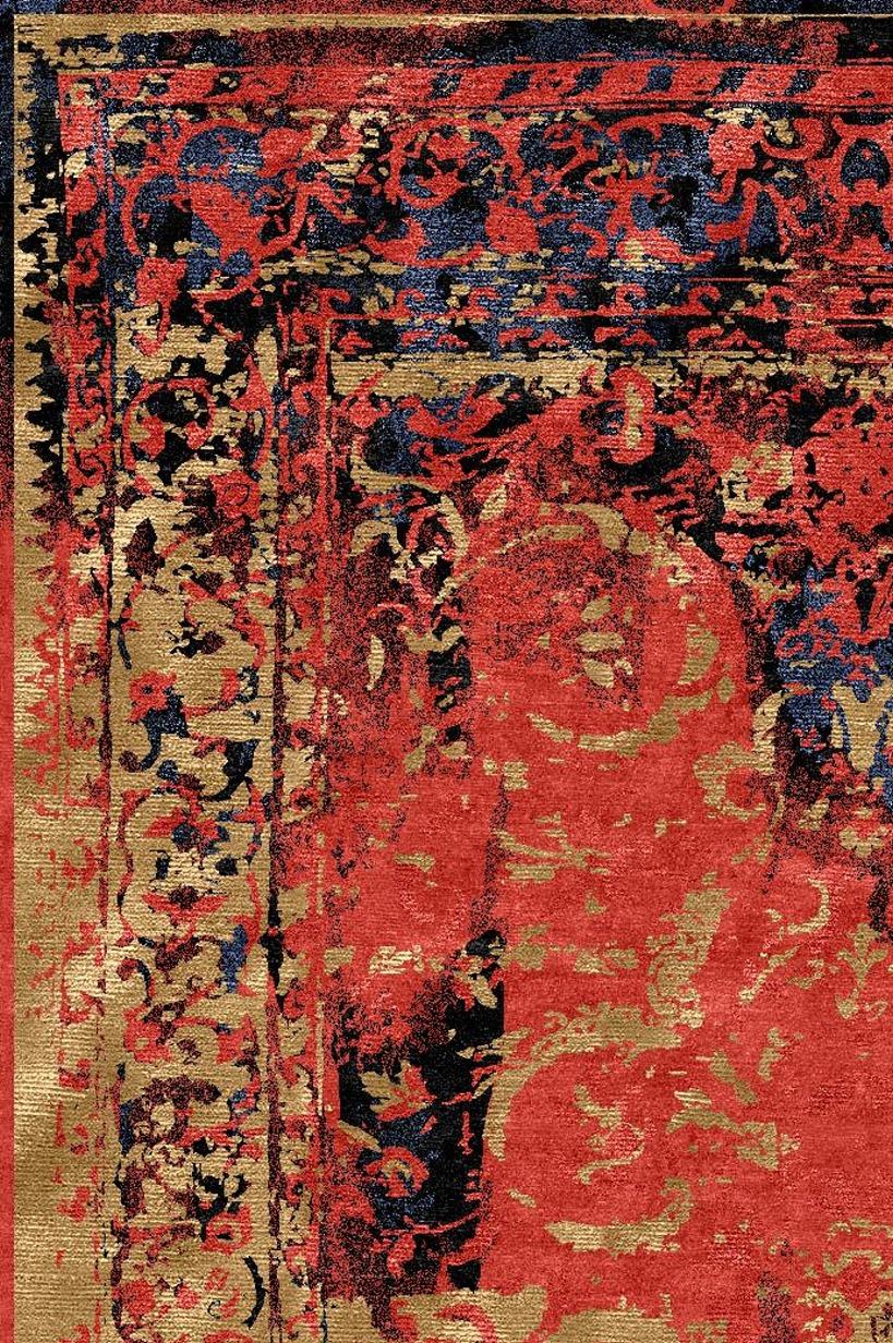 Moderner moderner handgeknüpfter Teppich im Tabriz-Stil aus Wolle, Seide, in Schwarz-Rot  im Angebot 5