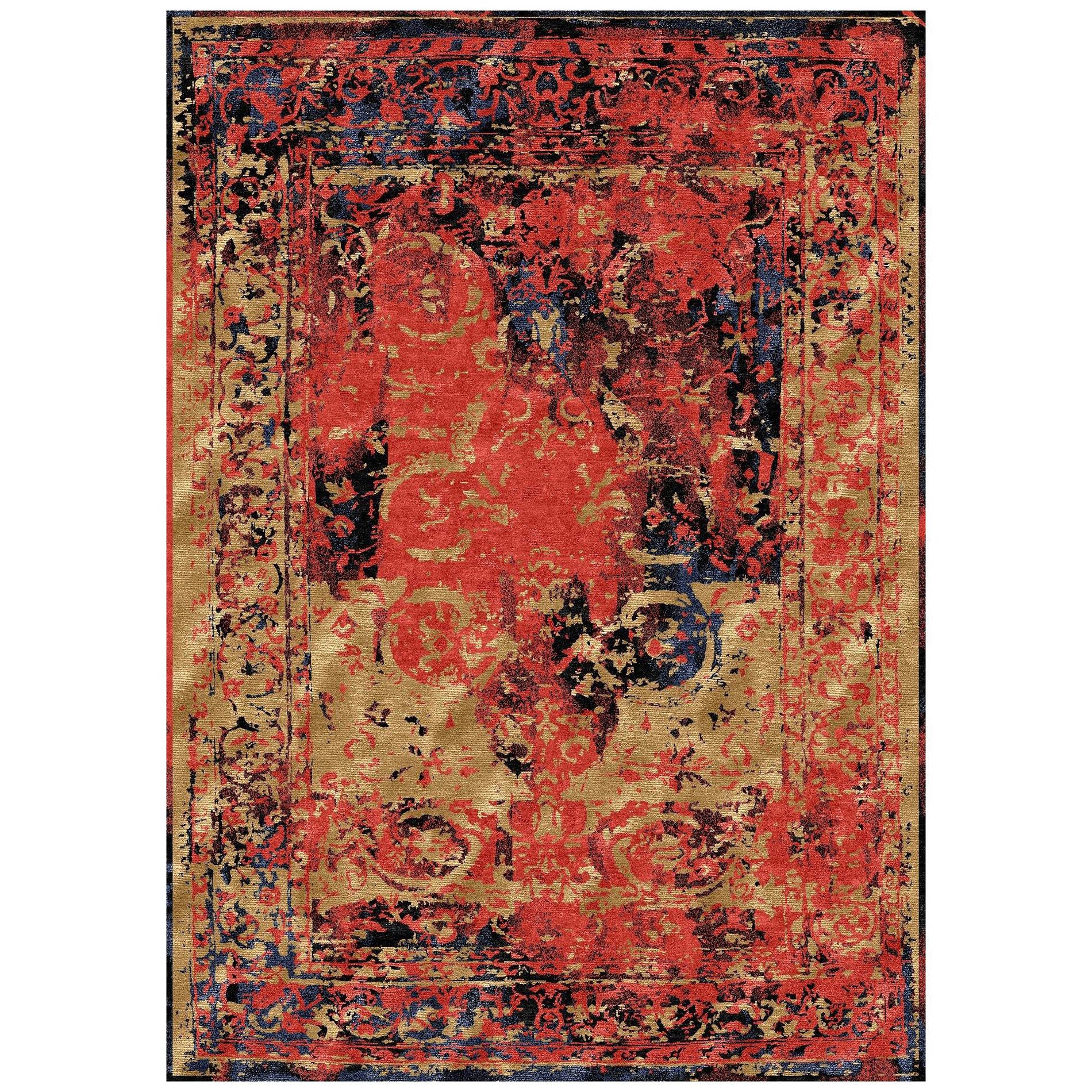 Tapis moderne noué à la main de style Tabriz en laine et soie à motif effacé, rouges et noirs 