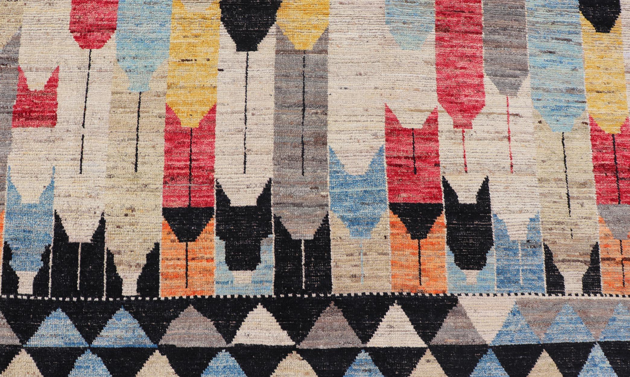 Moderner moderner Teppich in abstraktem Art-Déco-Design mit mehrfarbigen Farben und schwarzer Bordüre im Angebot 2