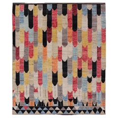 Moderner moderner Teppich in abstraktem Art-Déco-Design mit mehrfarbigen Farben und schwarzer Bordüre