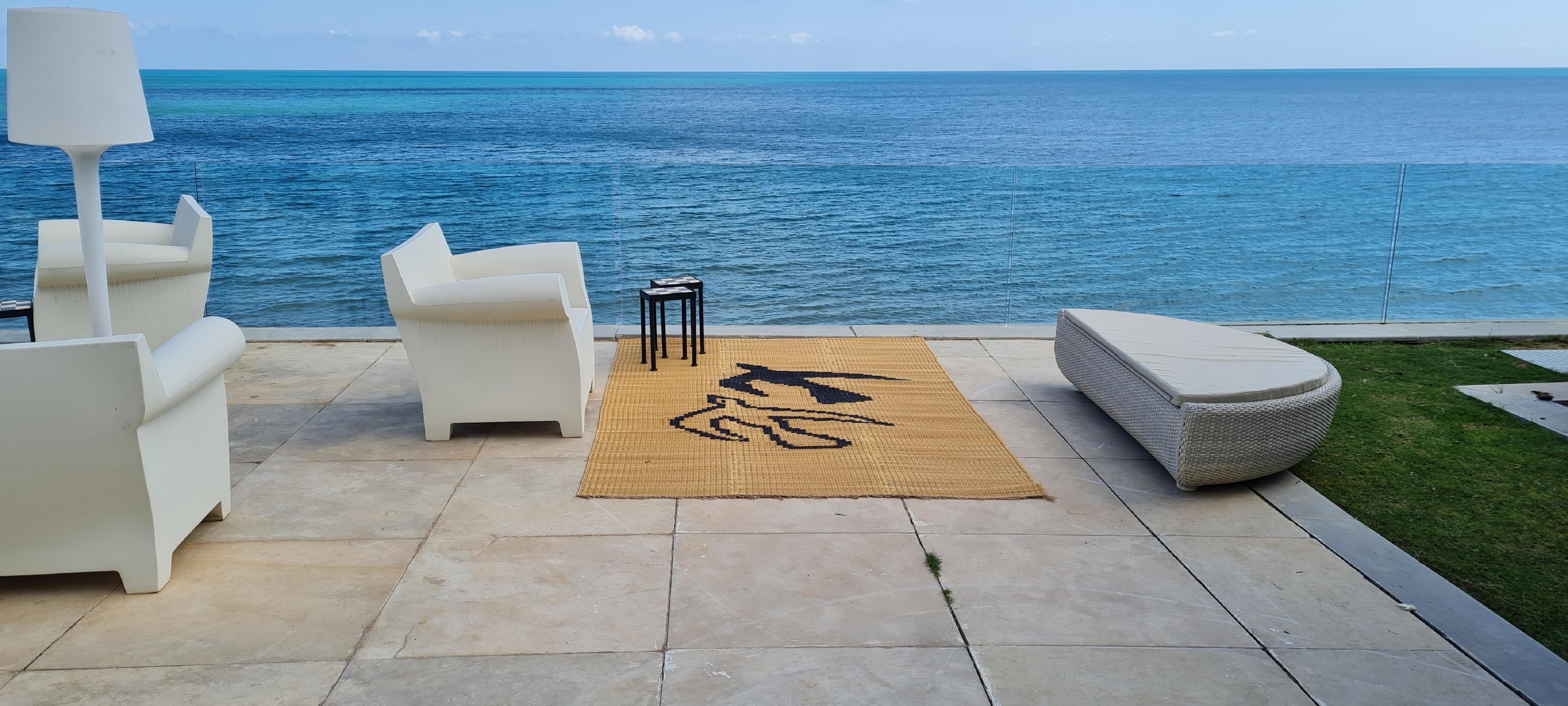 This outdoor rug of the artist Meriem Bouderbala is a true piece of art that perfectly reflects the know-how of the weaving of the natural fiber mat. This unique mat represents a bird and its shadow, and is the result of a meticulous and meticulous