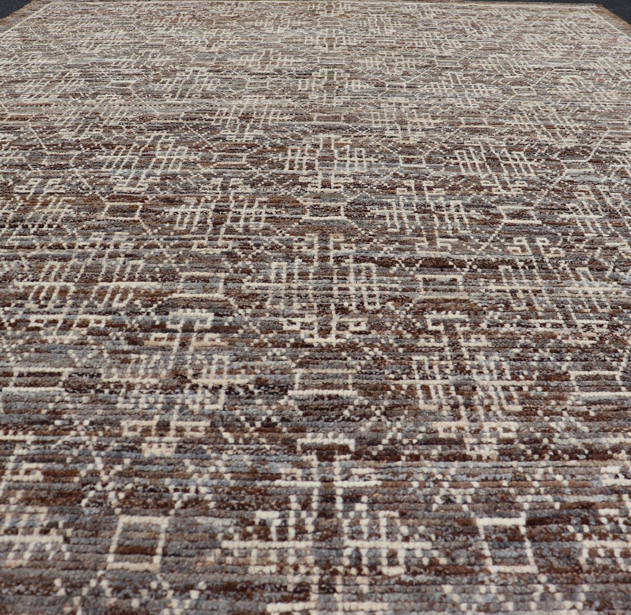 Afghan Modern Rug in Wool with All-Over Geometric Tribal Design in Brown and Ivory For Sale