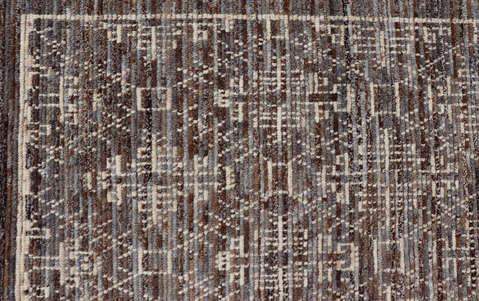 Contemporary Modern Rug in Wool with All-Over Geometric Tribal Design in Brown and Ivory For Sale