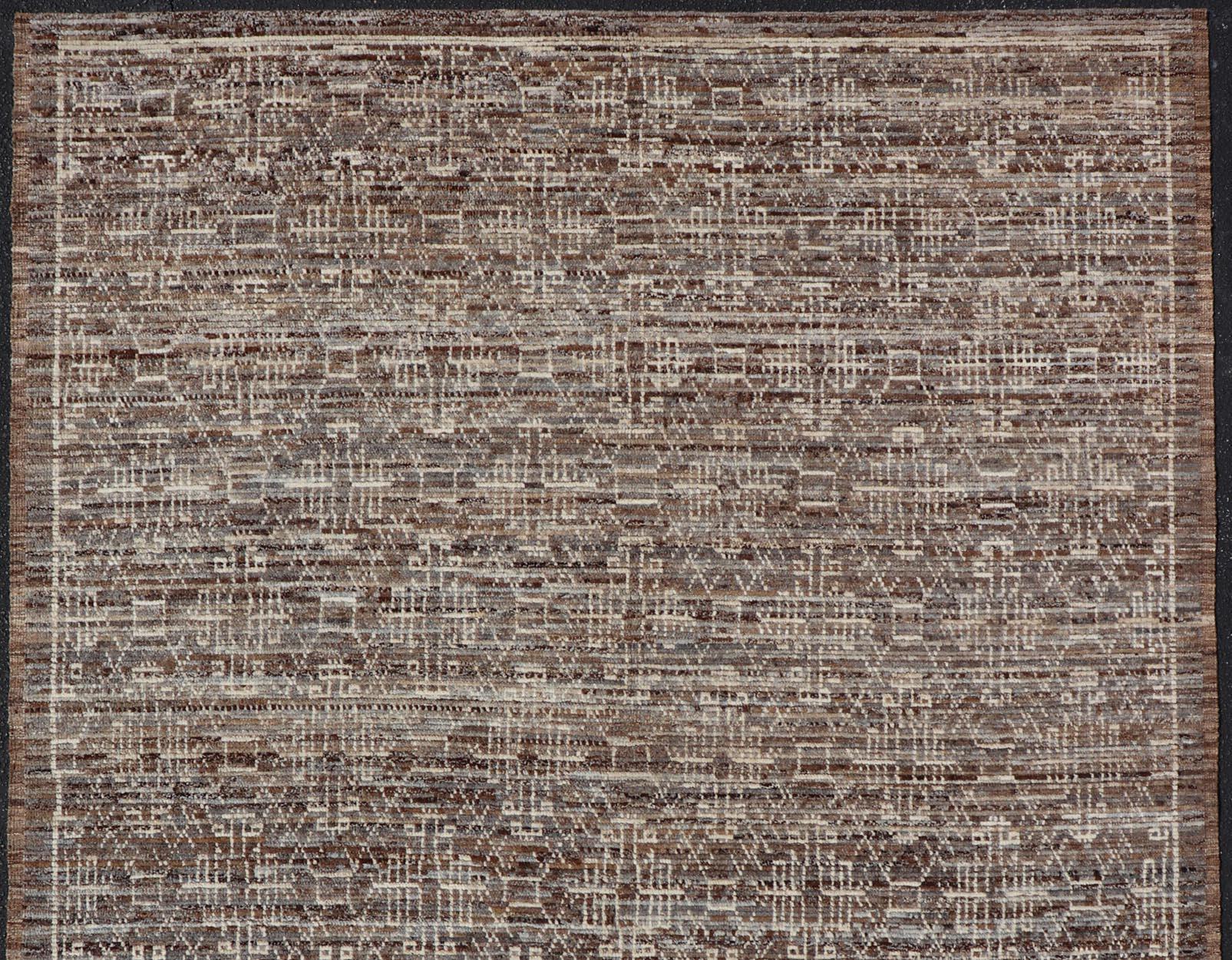 Modern Rug in Wool with All-Over Geometric Tribal Design in Brown and Ivory For Sale 1