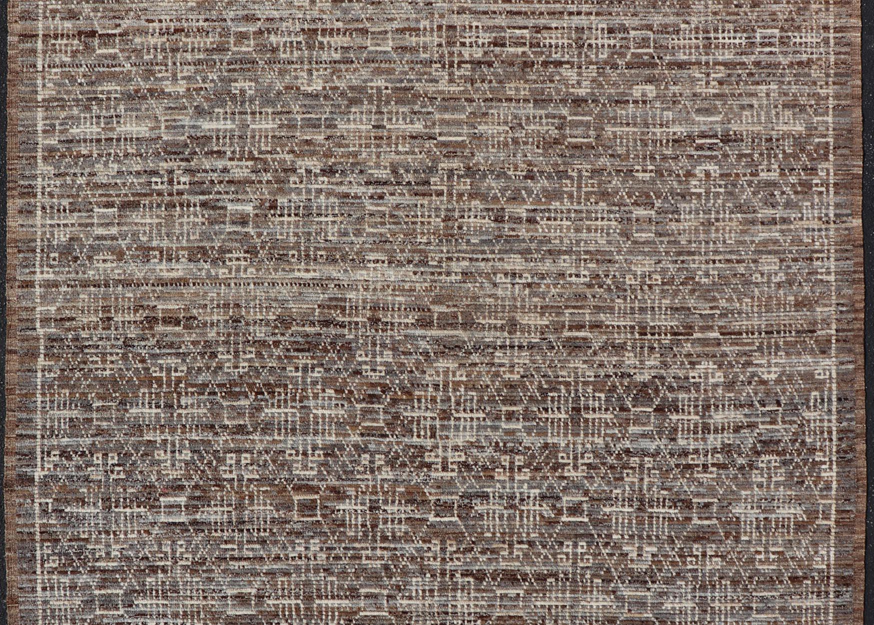 Modern Rug in Wool with All-Over Geometric Tribal Design in Brown and Ivory For Sale 2
