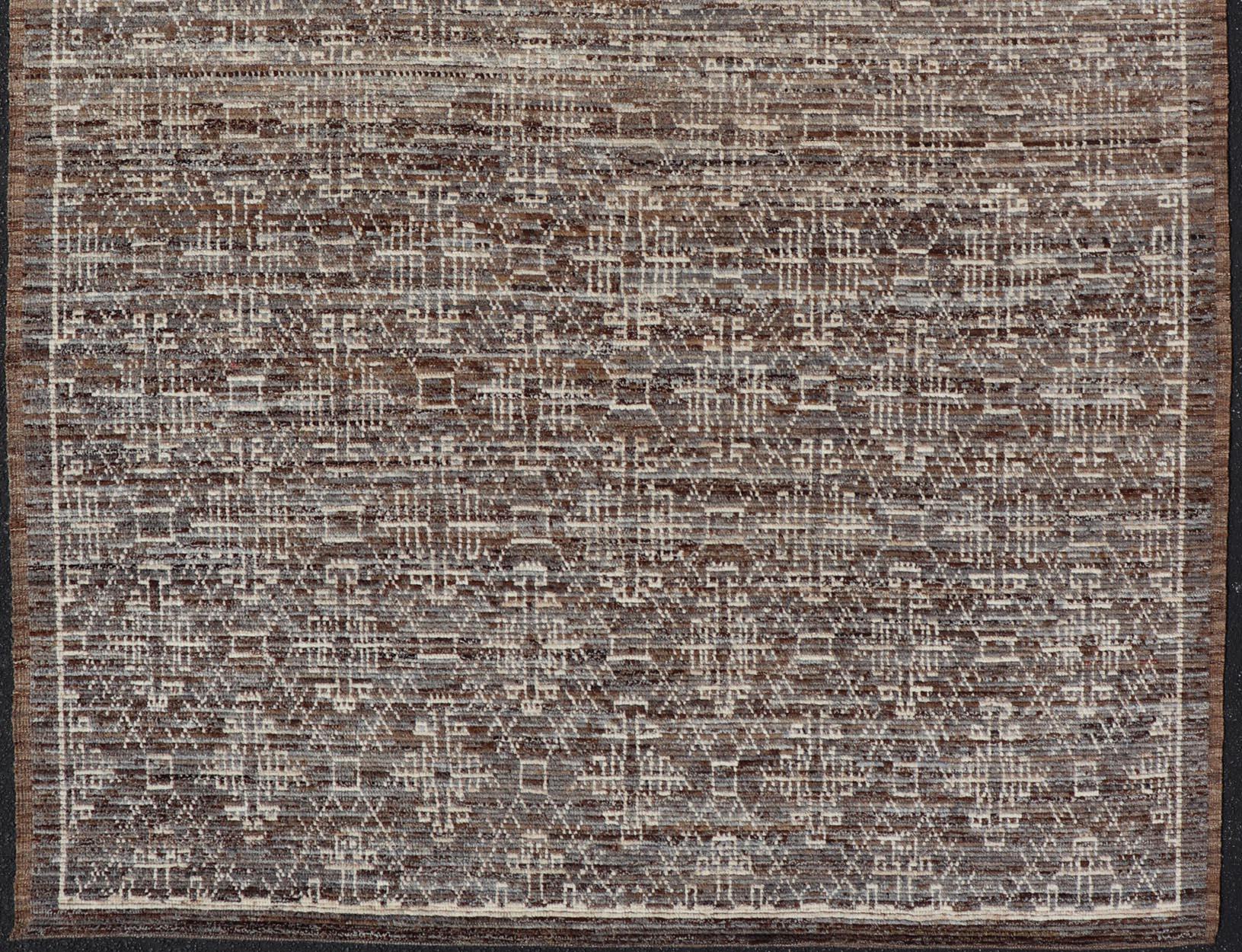 Modern Rug in Wool with All-Over Geometric Tribal Design in Brown and Ivory For Sale 3
