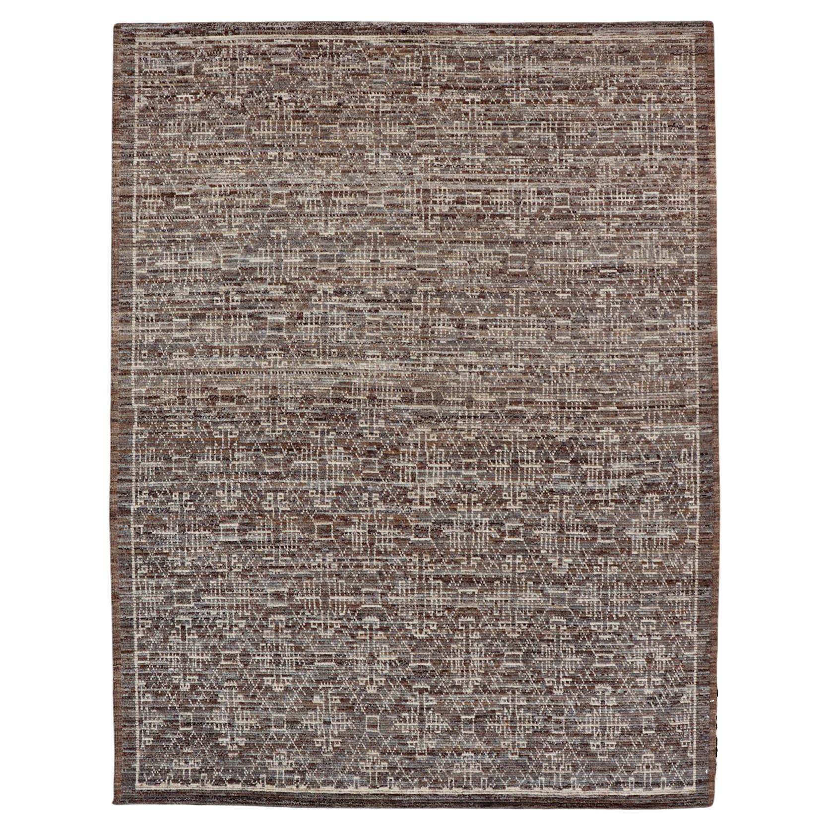 Modern Rug in Wool with All-Over Geometric Tribal Design in Brown and Ivory For Sale
