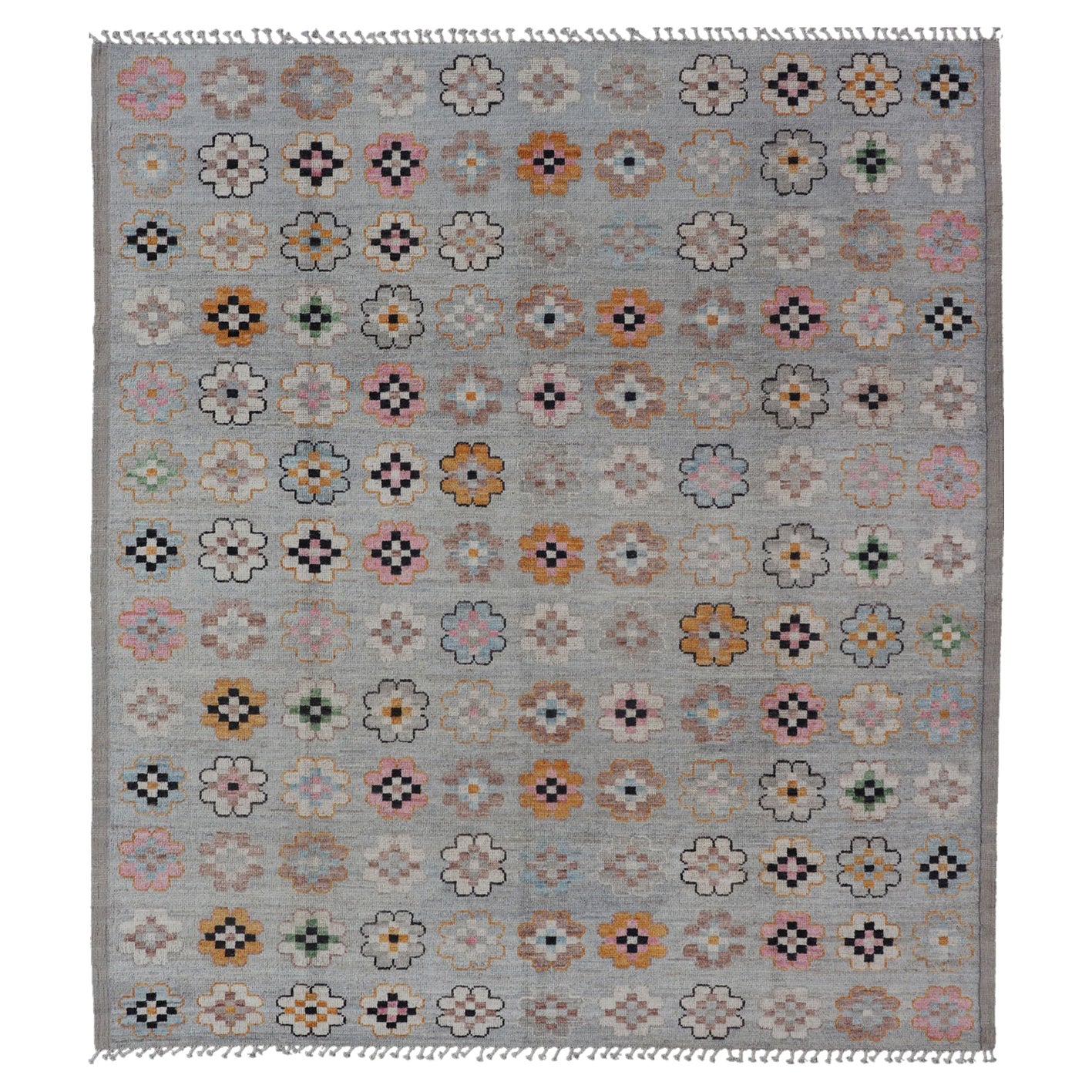 Modern Rug in Wool with Modern All-Over Flower Design on a Light Gray Field For Sale