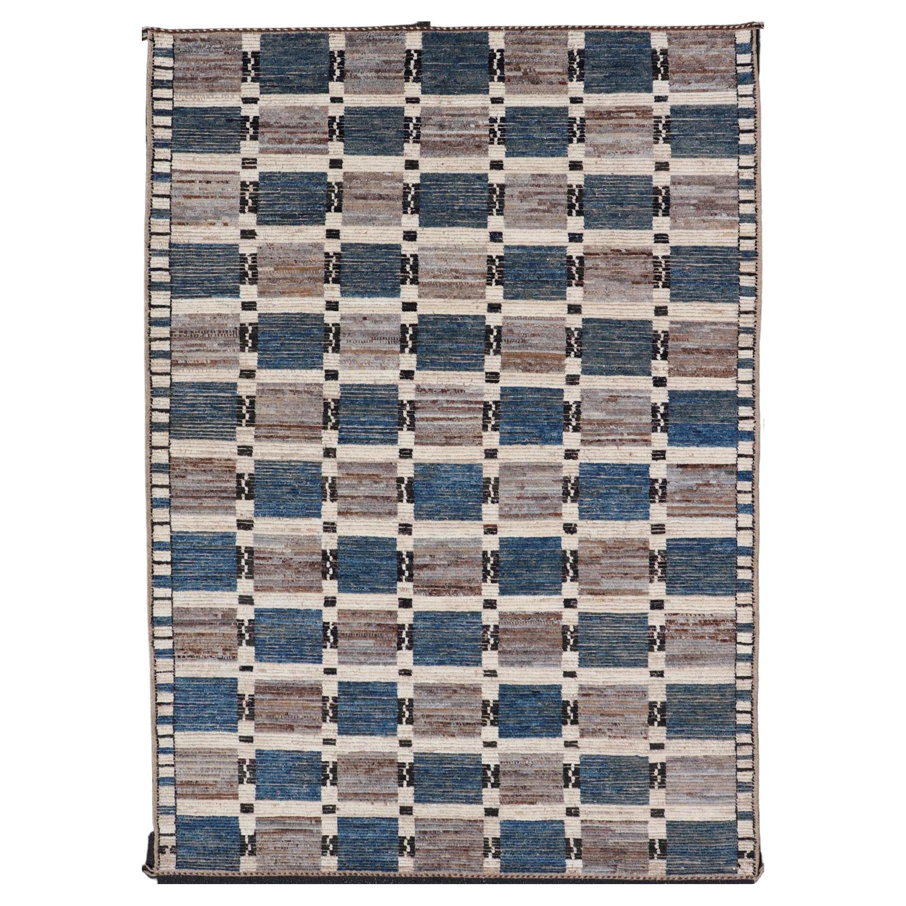 Moderner Teppich aus Wolle mit subgeometrischem, modernem Tribal-Design in Multicolor