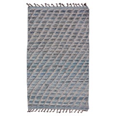 Modern Rug in Wool with Sub-Geometric Stripe Design in Blue With High and Low