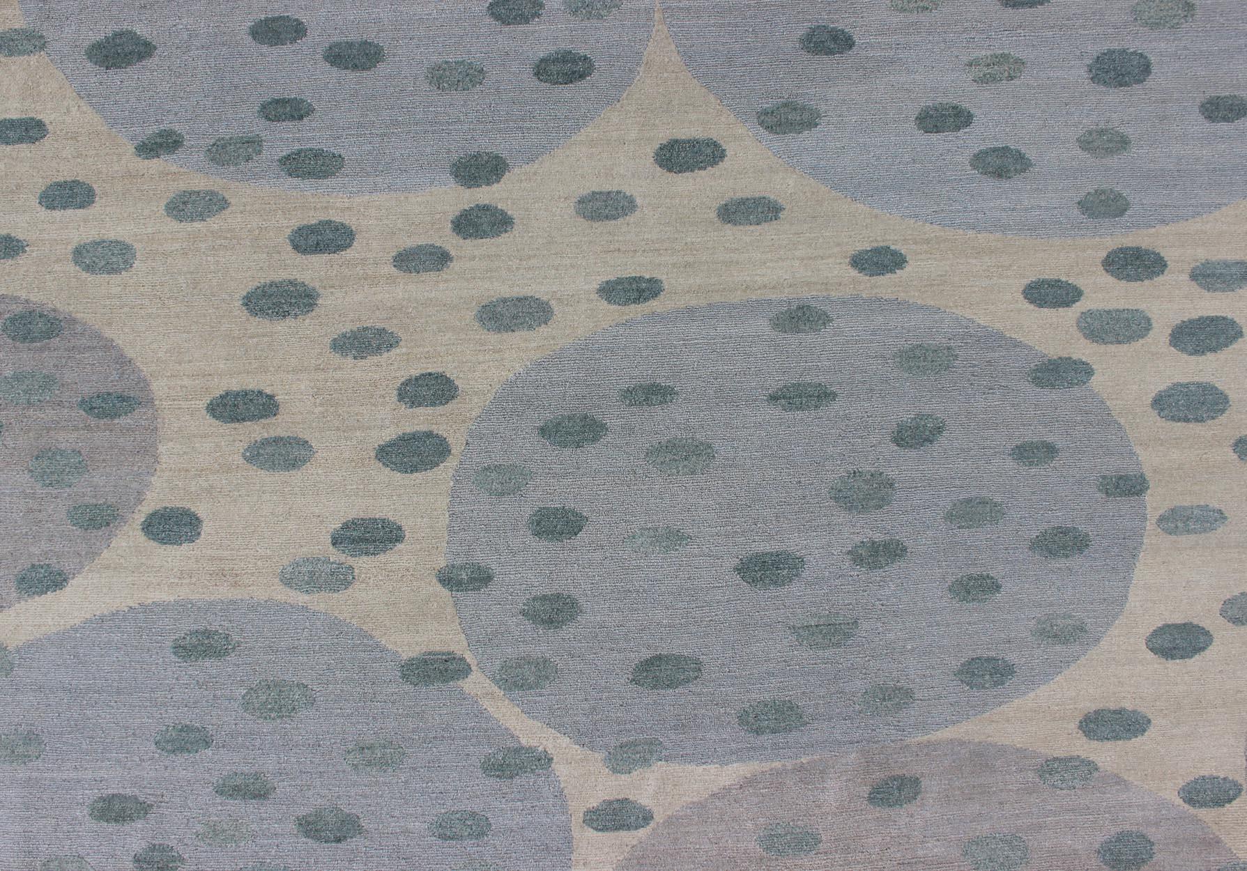 Contemporary Modern Rug of Wool and Silk From Nepal in Light Blue, Taupe, Green, Inory For Sale