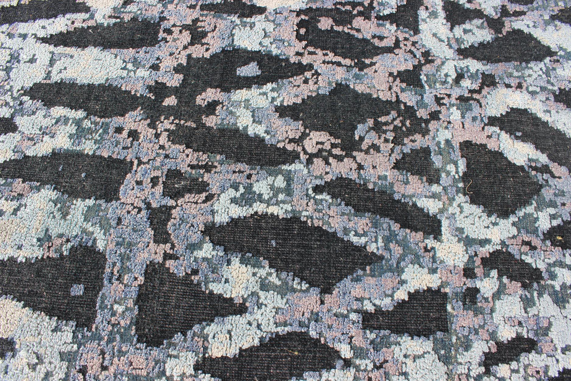 Modern Rug with Abstract Design in Black Charcoal, Silver and High and Low Pile For Sale 3