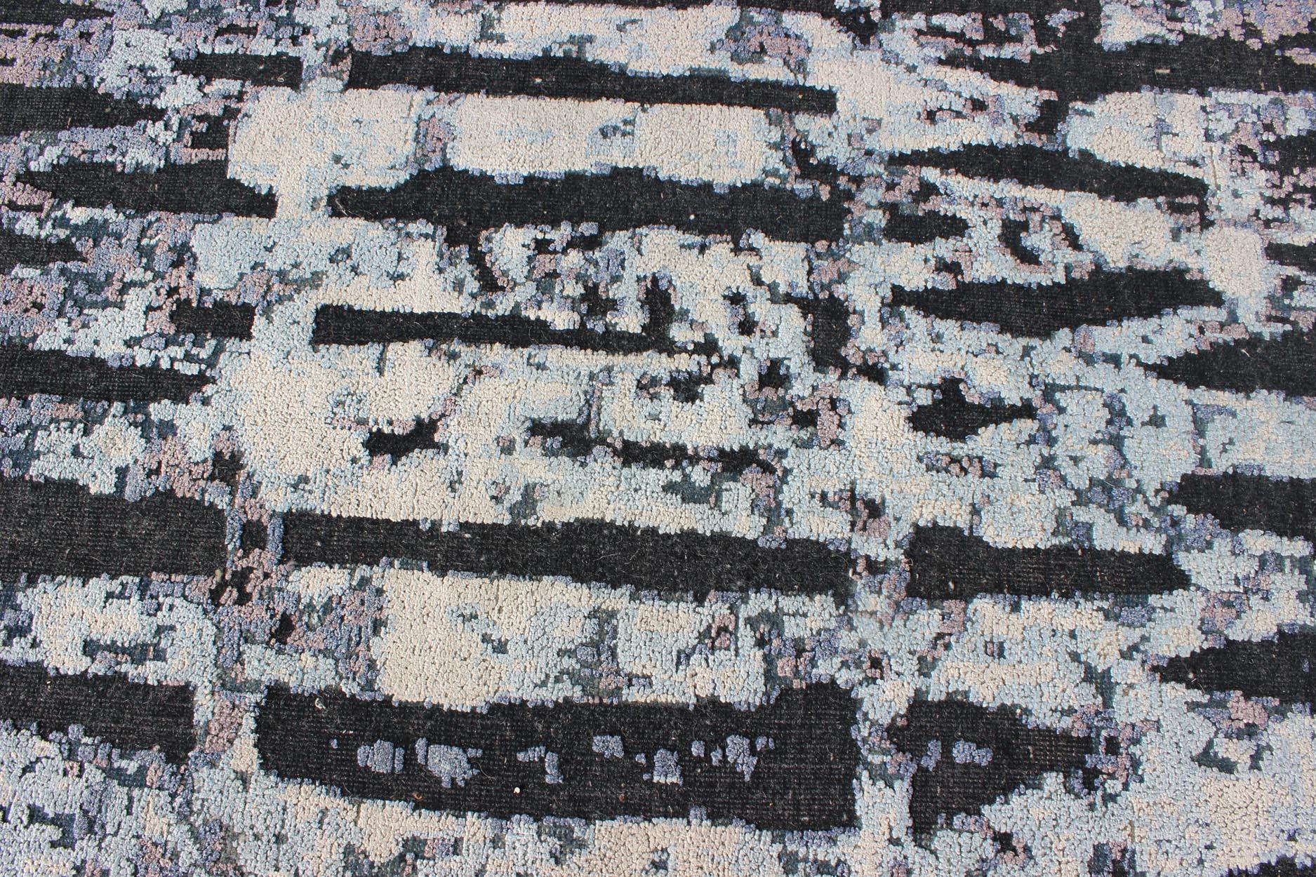 Modern Rug with Abstract Design in Black Charcoal, Silver and High and Low Pile For Sale 4