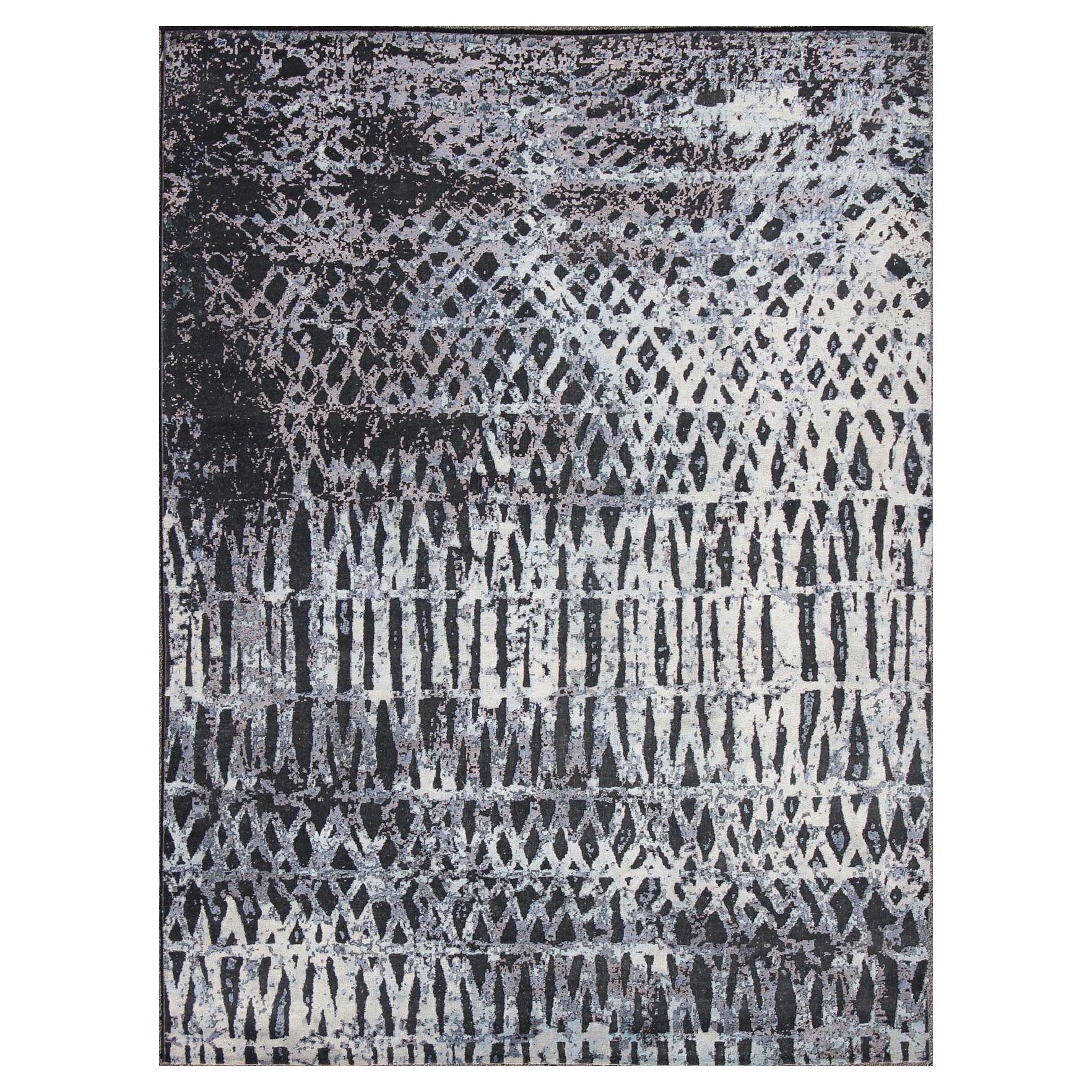 Modern Rug with Abstract Design in Black Charcoal, Silver and High and Low Pile