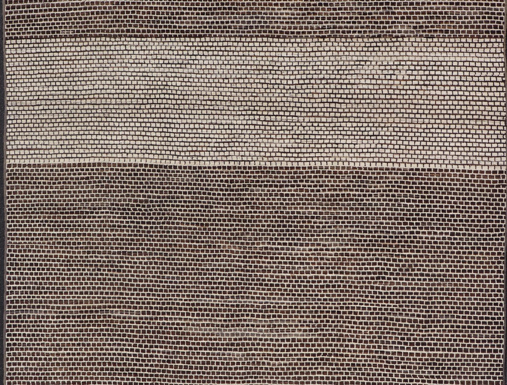 Alfombra moderna con diseño de ladrillo en marrón y crema de Keivan Woven Arts 9'4 x 11'1 Siglo XXI y contemporáneo