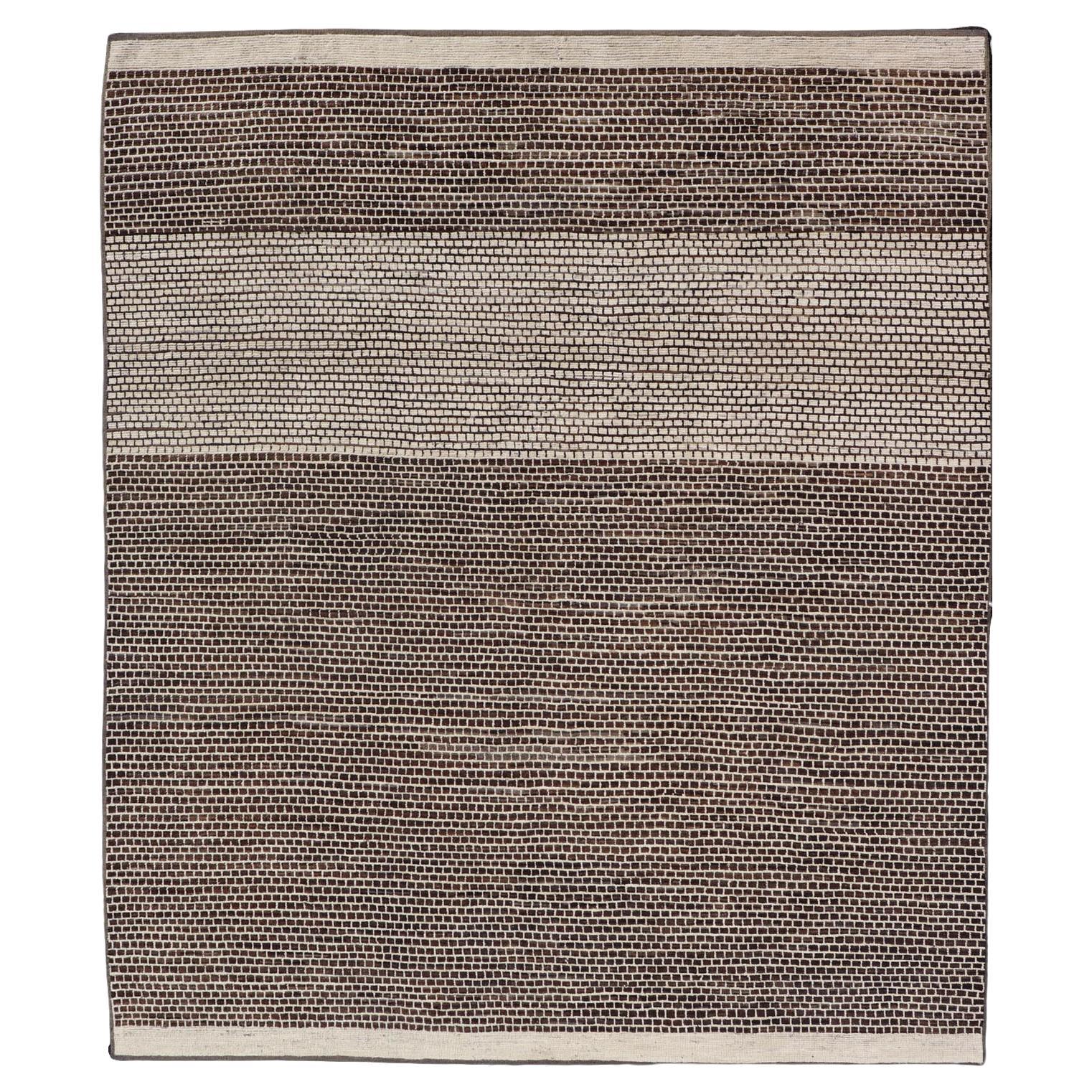 Modern Rug with Brick Design in Brown and Cream by Keivan Woven Arts 9'4 x 11'1 For Sale