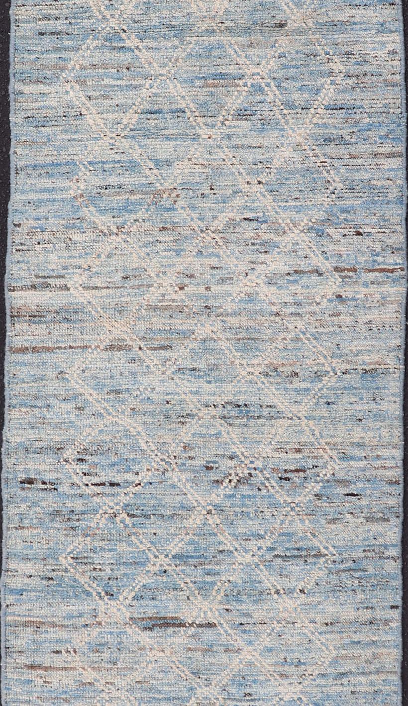 Afghan Modern Rug with Traditional Design in Cream and Sky Blue Color For Sale