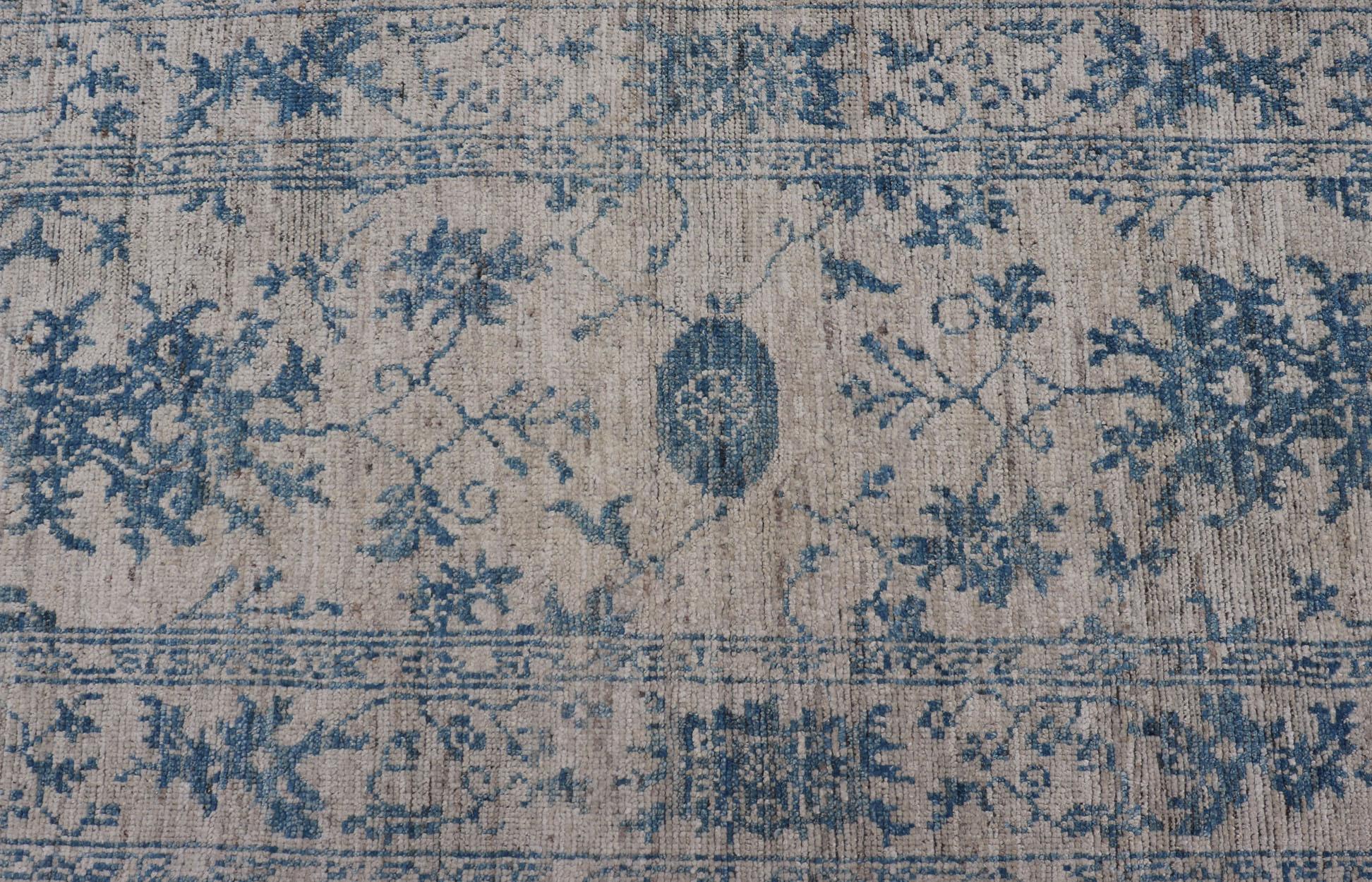 Modern Rug with Traditional Oushak Design in Contemporary Cream & Blue Colors 7