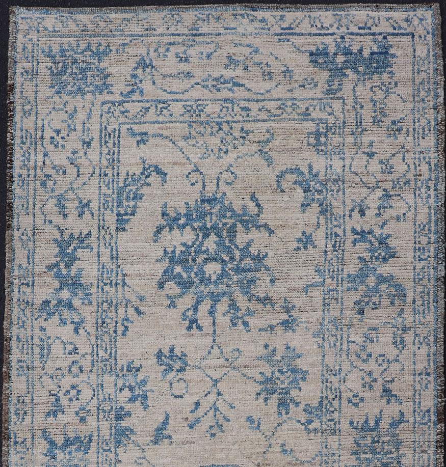 Afghan Modern Rug with Traditional Oushak Design in Contemporary Cream & Blue Colors