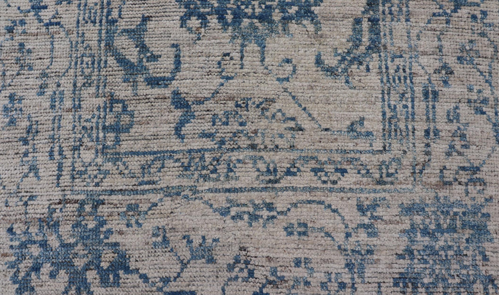 Wool Modern Rug with Traditional Oushak Design in Contemporary Cream & Blue Colors