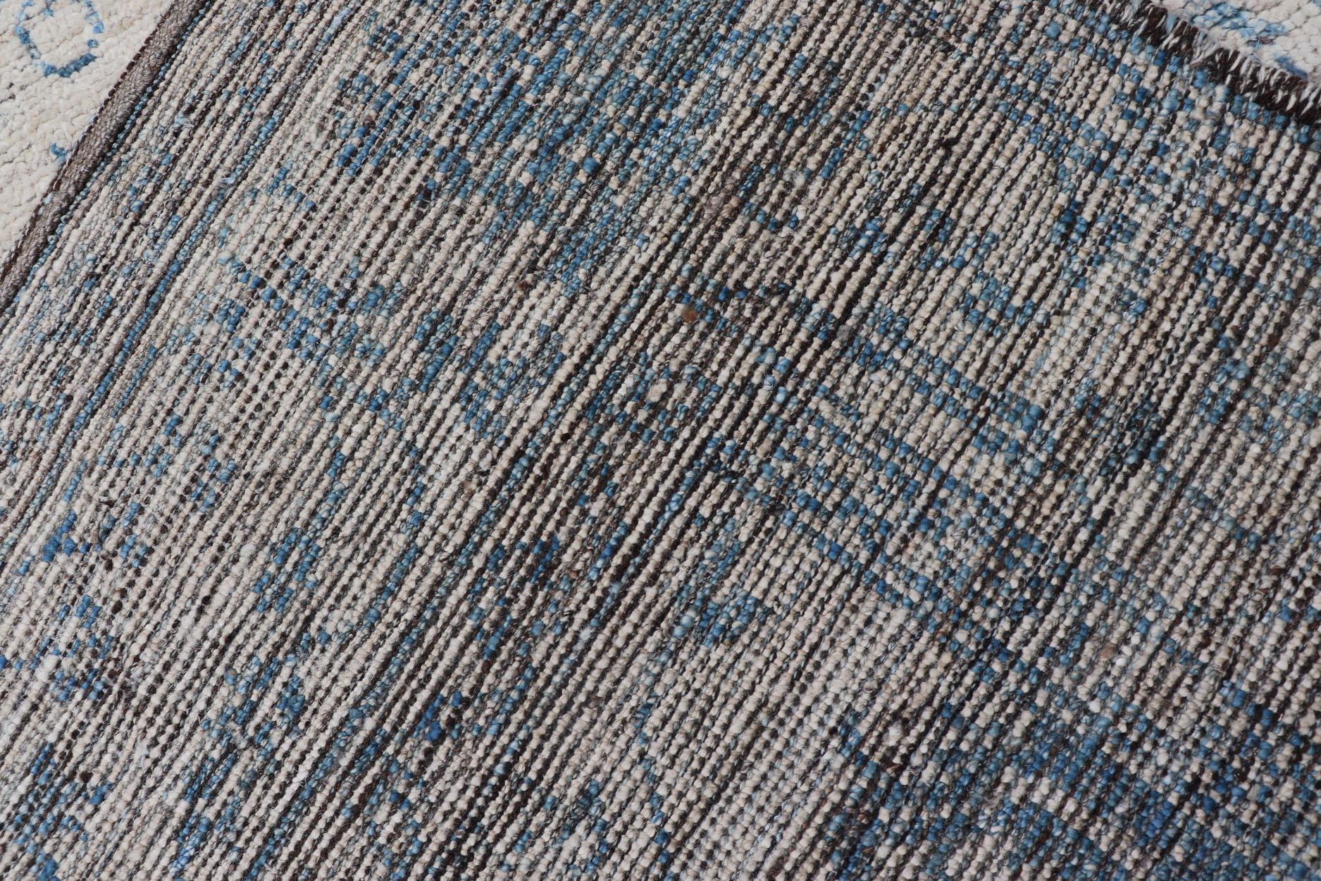 Modern Rug with Traditional Oushak Design in Contemporary Cream & Blue Colors 1