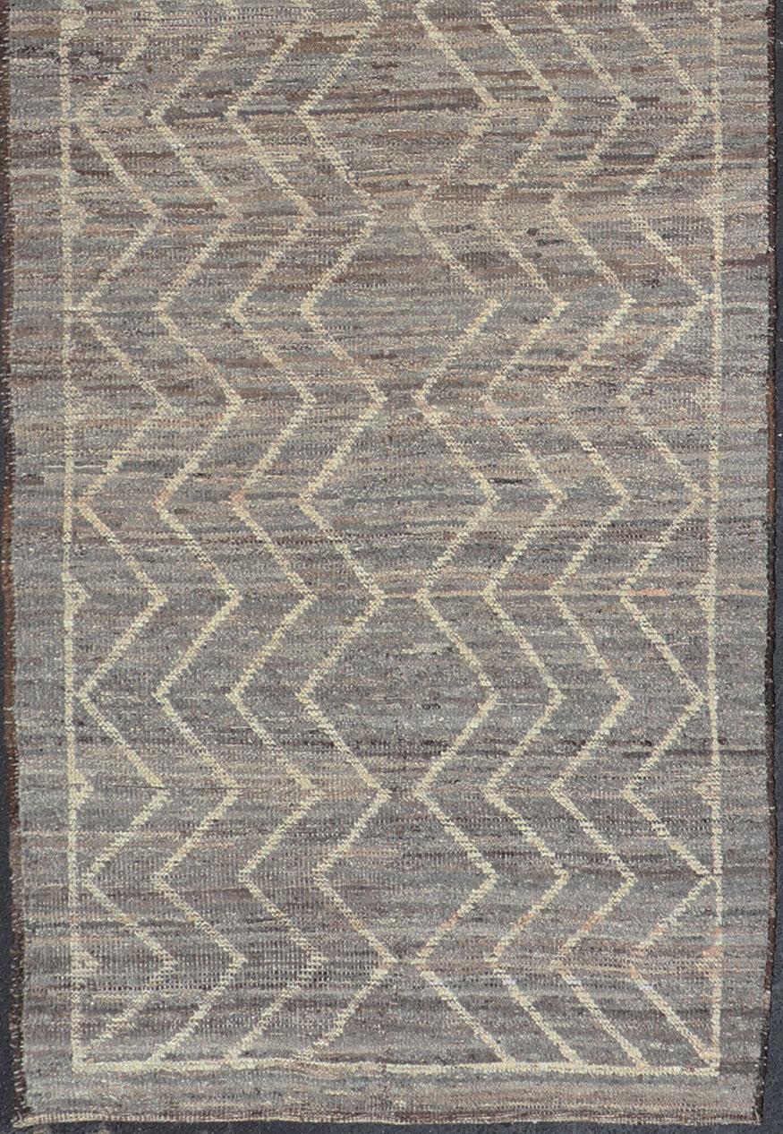 Hand-Knotted Modern Rug with Tribal Design in Light Gray, Taupe, Cream, and Natural Colors For Sale