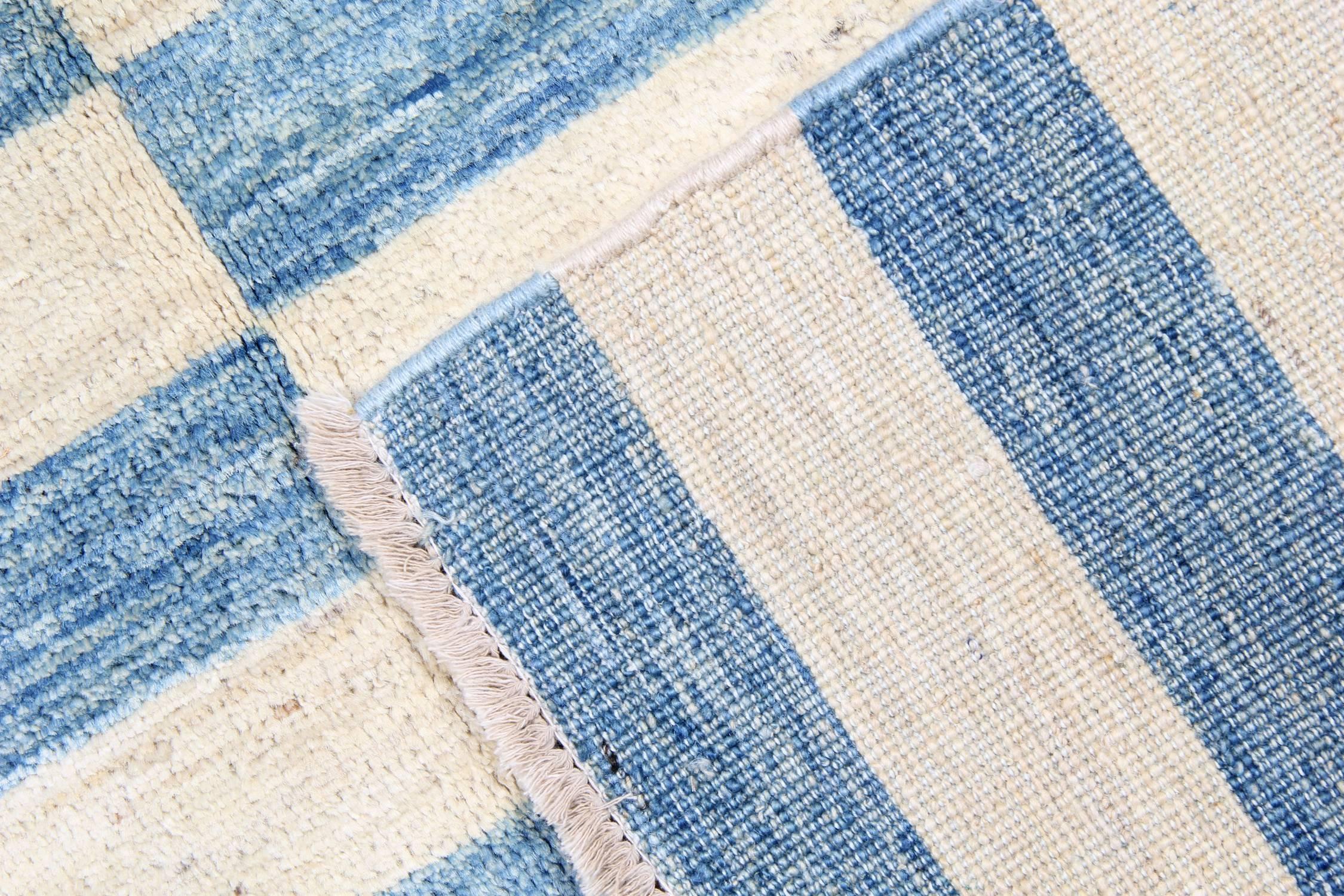 Hand-Knotted Modern Rugs Blue Contemporary Rugs Striped Carpet from Afghanistan