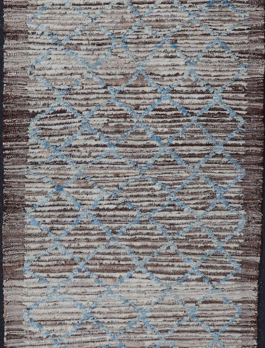 Afghan Modern Runner in All-Over Design in Cream, Sky Blue Color on a Brown Background For Sale