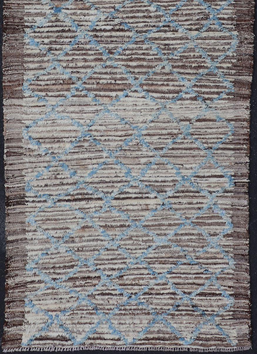 Hand-Knotted Modern Runner in All-Over Design in Cream, Sky Blue Color on a Brown Background For Sale