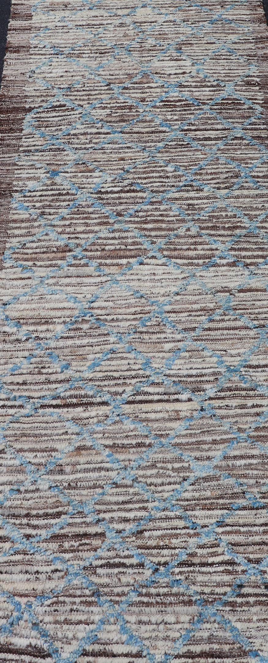 Wool Modern Runner in All-Over Design in Cream, Sky Blue Color on a Brown Background For Sale