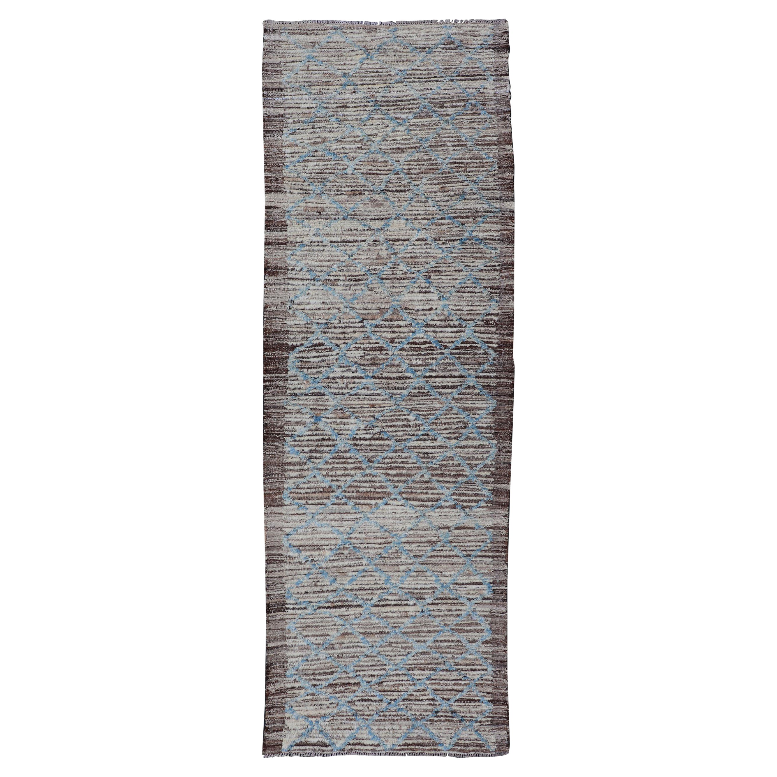 Modern Runner in All-Over Design in Cream, Sky Blue Color on a Brown Background