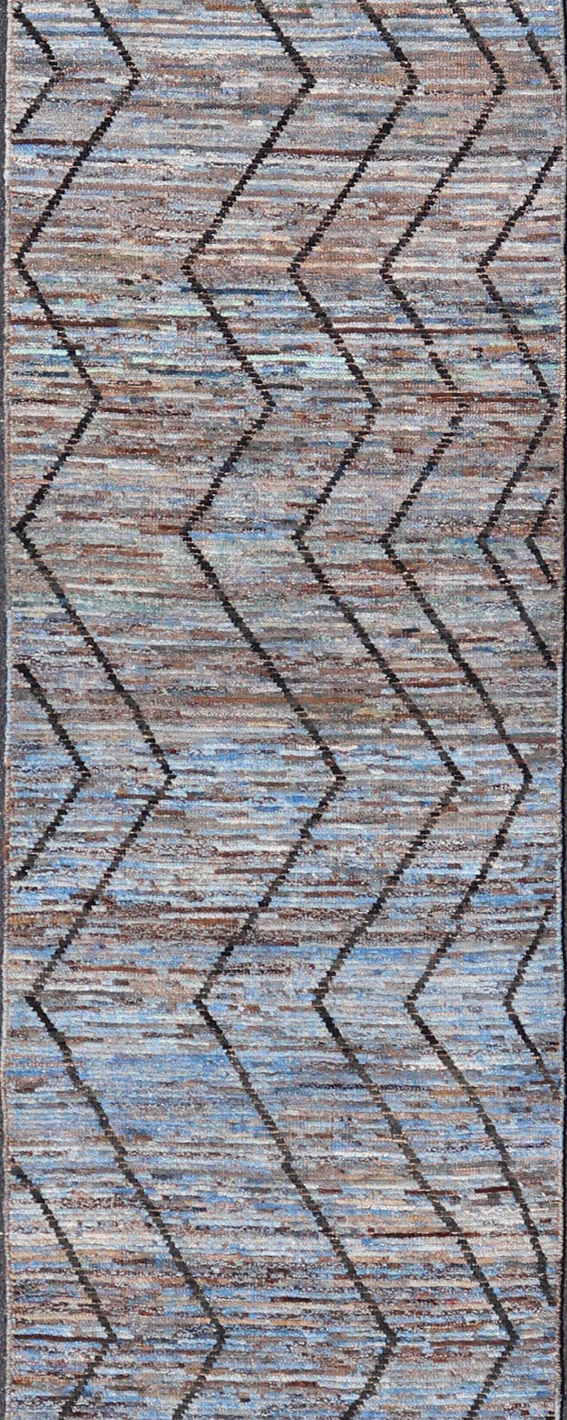 Modern Runner in All-Over Tribal Design in Charcoal, Sky Blue, Blue and Cream For Sale 1