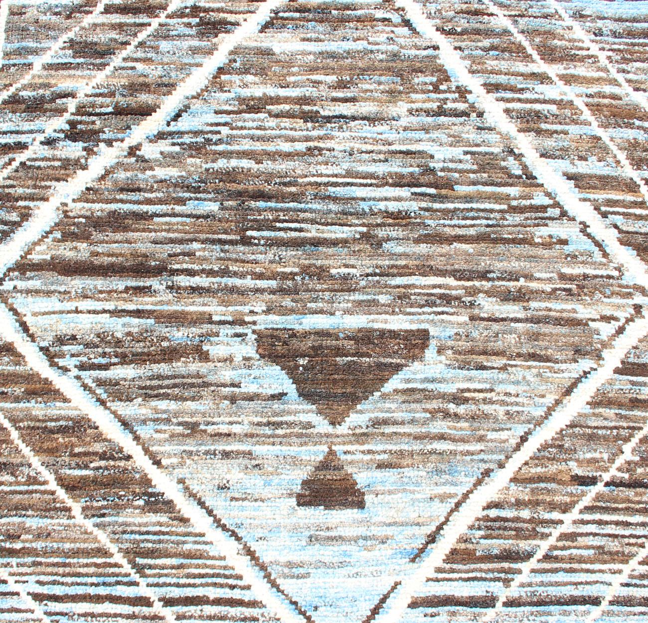 Hand-Knotted Modern  Runner in Brown, Lt. Blue Tones with Diamond & Geometric Design For Sale