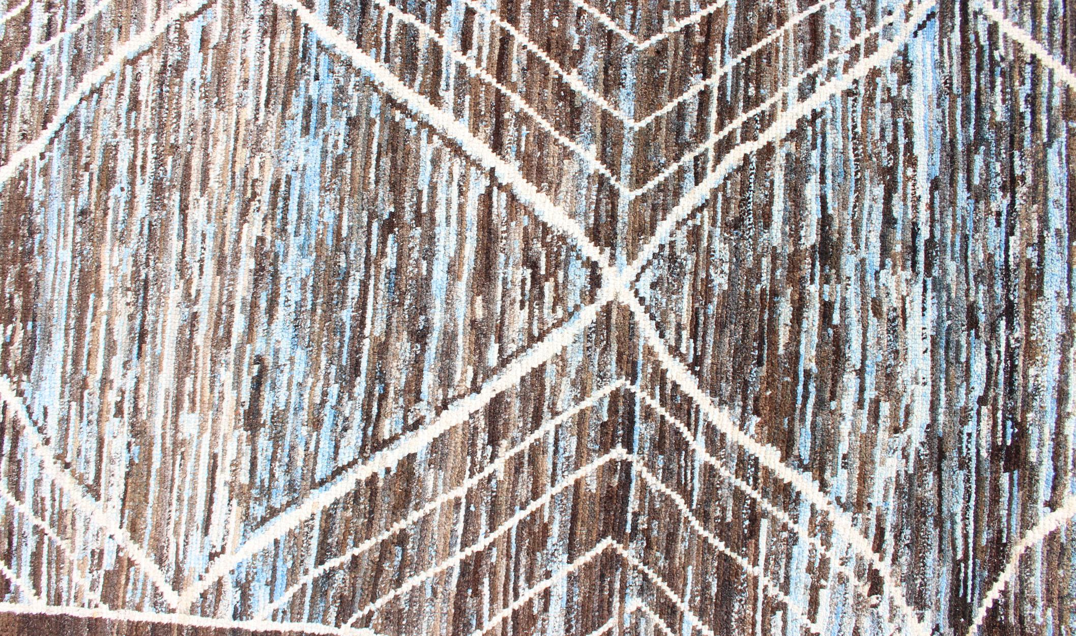 Wool Modern  Runner in Brown, Lt. Blue Tones with Diamond & Geometric Design For Sale