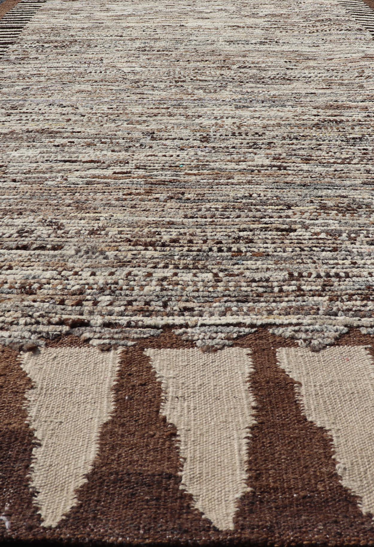 Long Modern gallery Runner in Solid Minimalist Design & All Around Kilim Border in the sides and ends in Brown, Shades of brown and off white tones. Keivan Woven Arts / rug AFG-58424, Keivan Woven Arts country of origin / type: Afghanistan / Modern,
