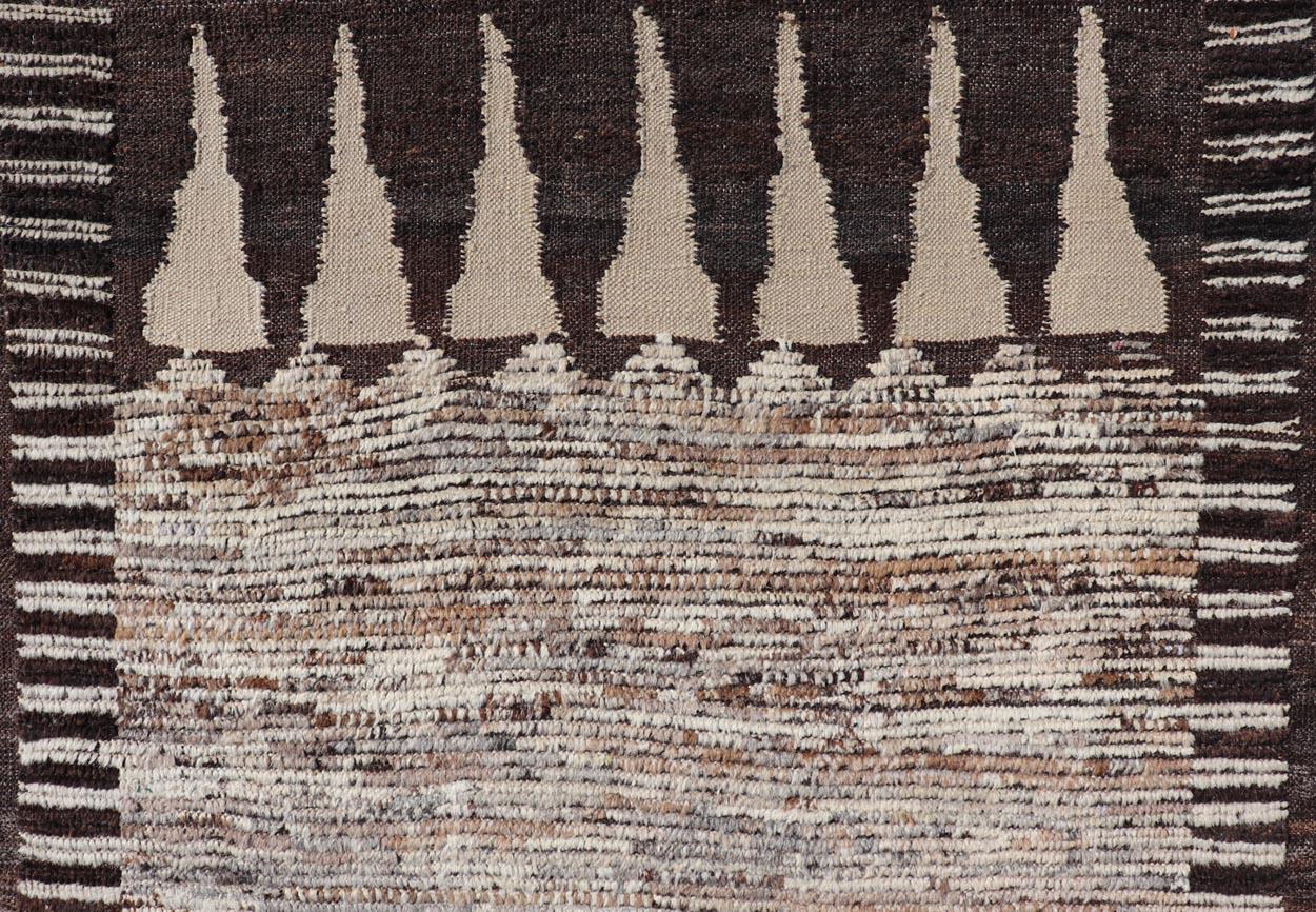 Hand-Knotted Modern Runner in Solid Minimalist Design & All Around Kilim Border in Brown For Sale
