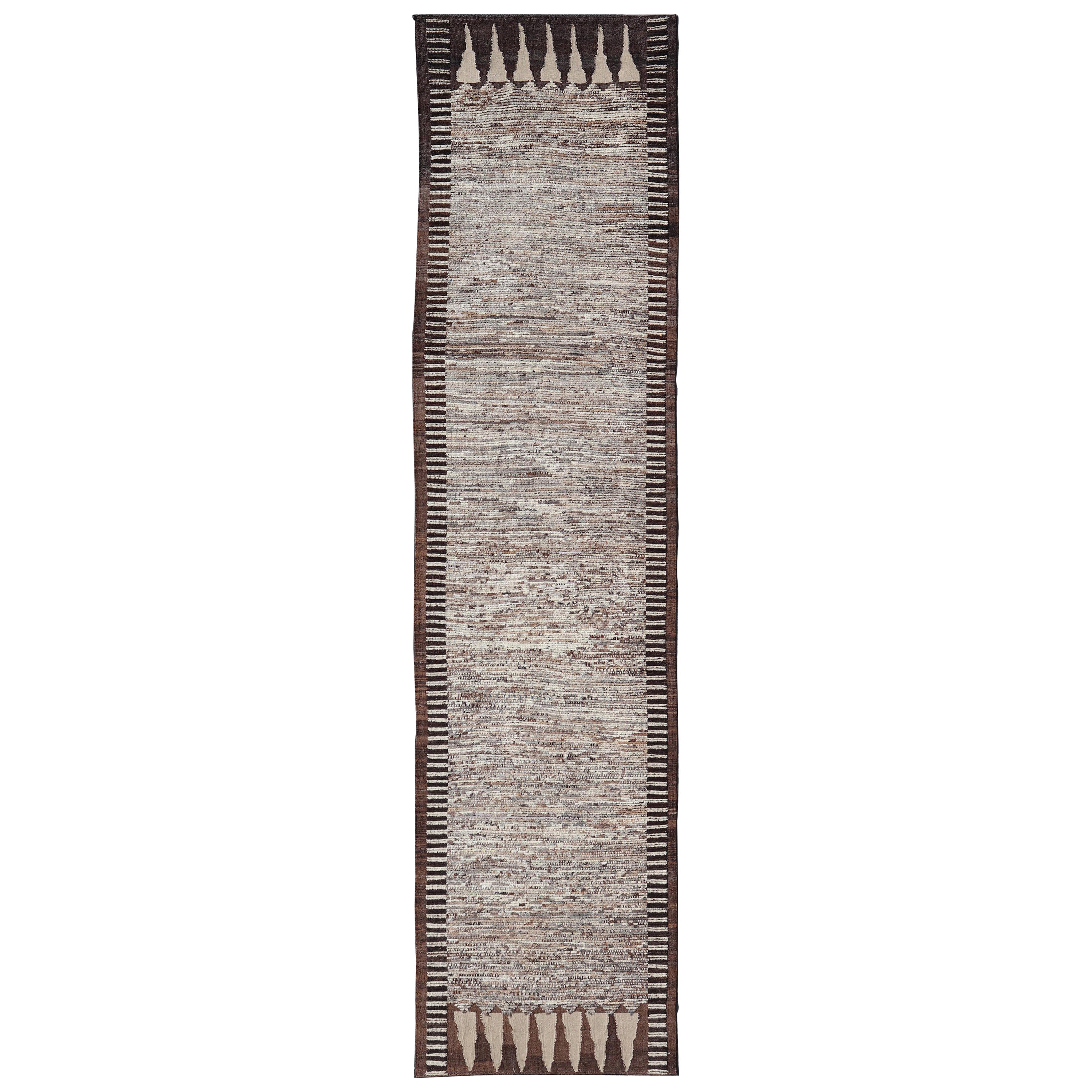 Modern Runner in Solid Minimalist Design & All Around Kilim Border in Brown