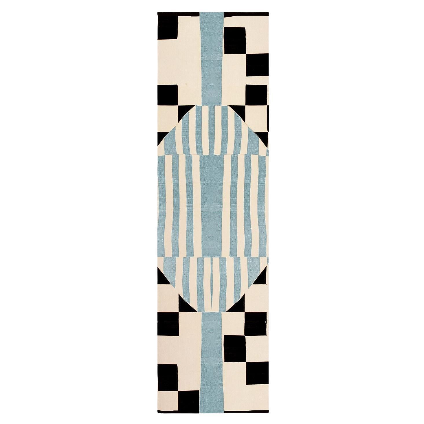 Modern Runner Rug Black & White Checkered Pattern Blue Stripes Memphis Style Ins