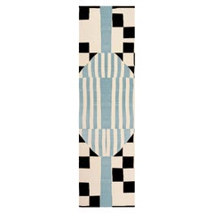 Modern Runner Rug Black & White Checkered Pattern Blue Stripes Memphis Style Ins