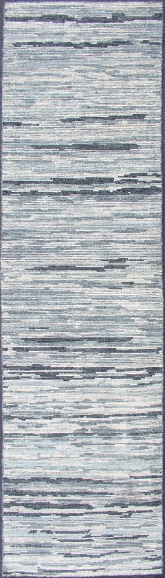Modern Runner Rug in Soft Gray with Subtle Blue Tones and Linear Pattern