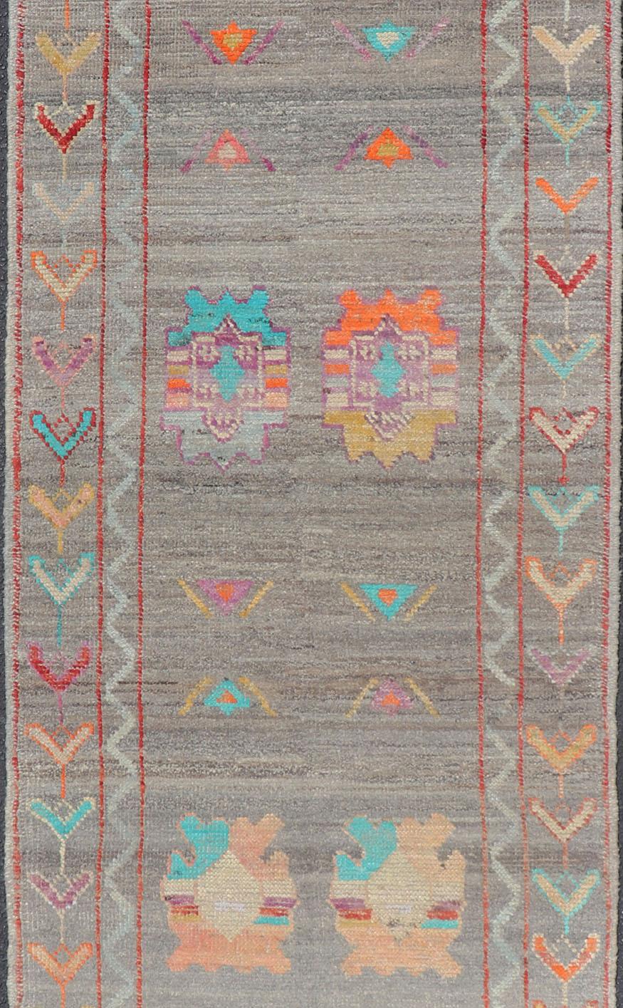 Afghan Modern Runner with Tribal Motifs in Warm Gray Background and Vivid Multi Colors For Sale