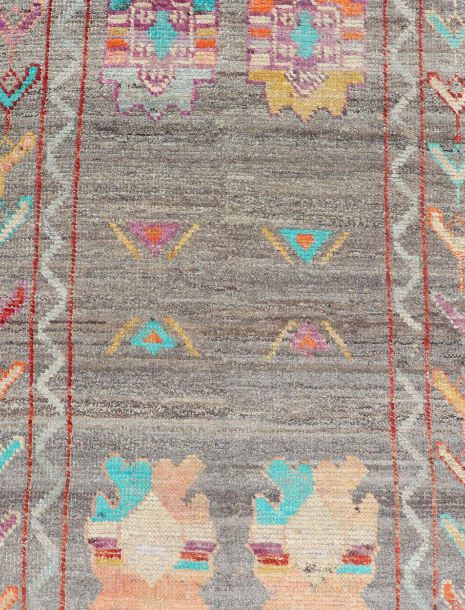 Wool Modern Runner with Tribal Motifs in Warm Gray Background and Vivid Multi Colors For Sale