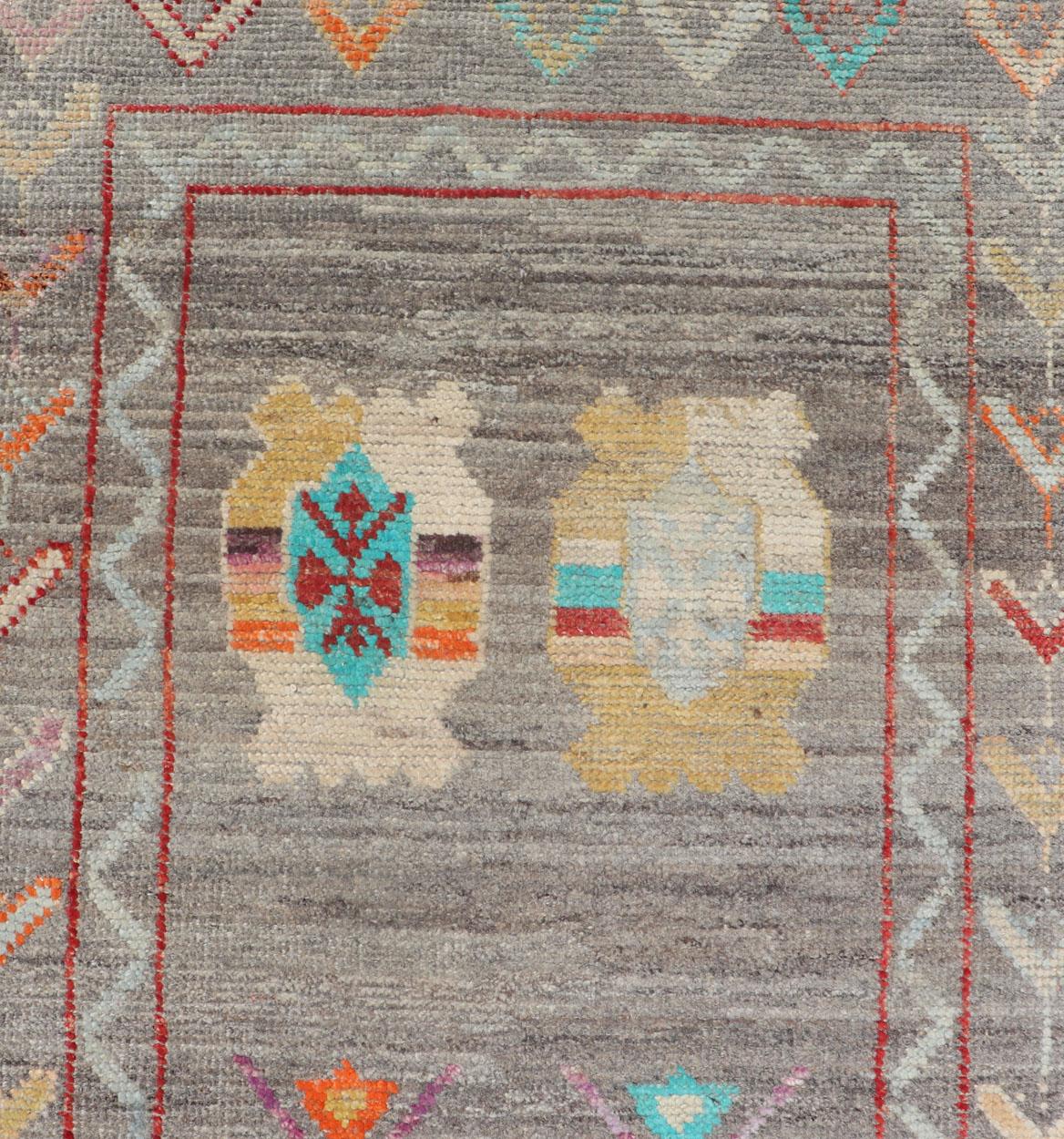 Modern Runner with Tribal Motifs in Warm Gray Background and Vivid Multi Colors For Sale 1