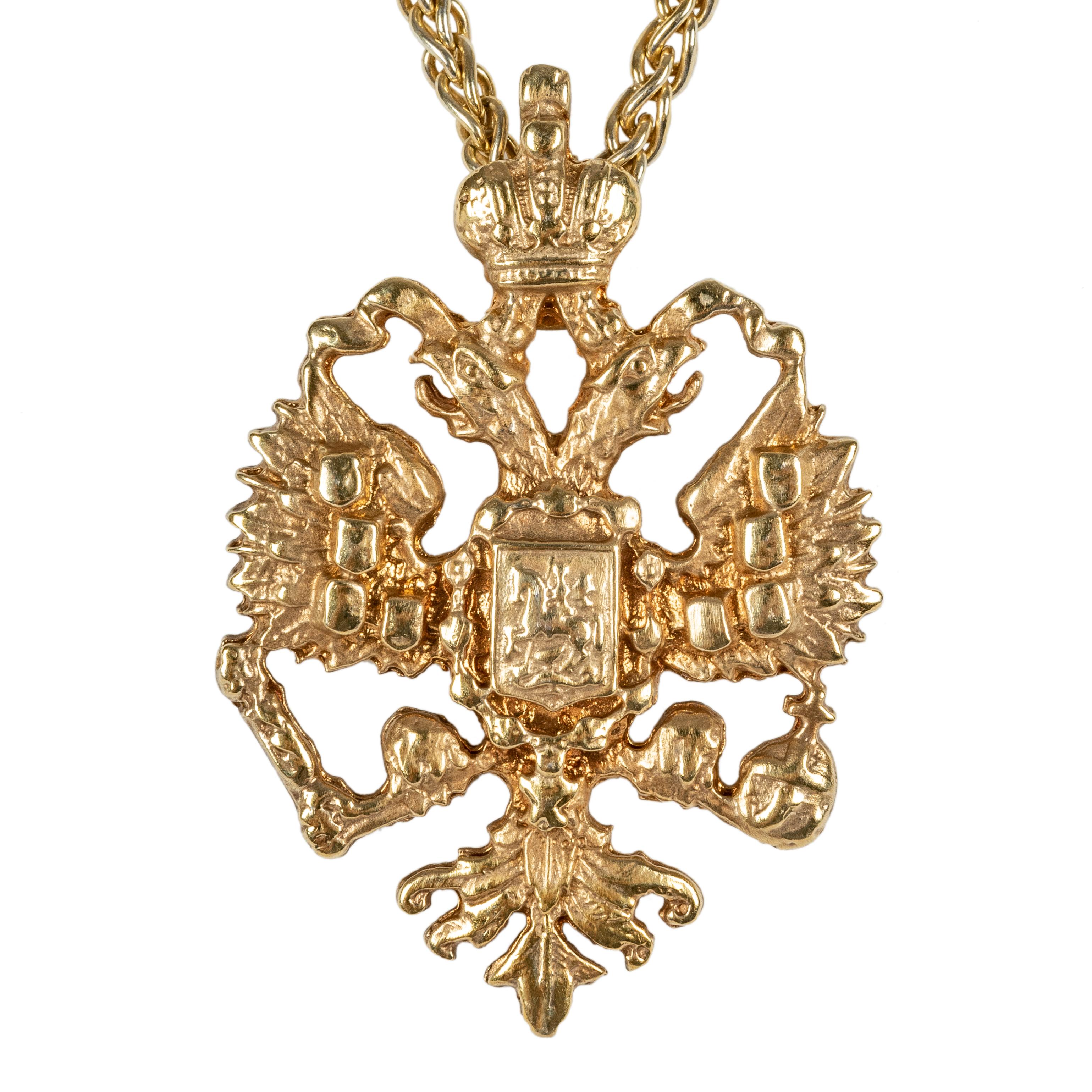 A Russian Imperial Eagle Pendant inspired by the official Romanov Imperial Warrant in gilded silver. A faithful rendition of Imperial Russia’s most enduring symbol, this version of the eagle was introduced under Tsar Alexander III (1881-94). The