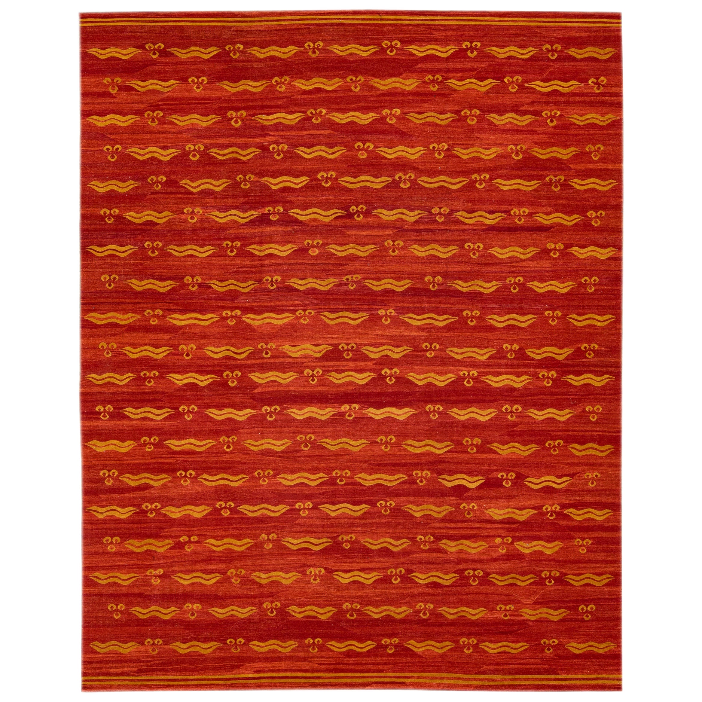 Moderner moderner Flachgewebe-Wollteppich aus rostfarbenem Kelim mit geometrischem Muster