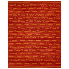 Moderner moderner Flachgewebe-Wollteppich aus rostfarbenem Kelim mit geometrischem Muster