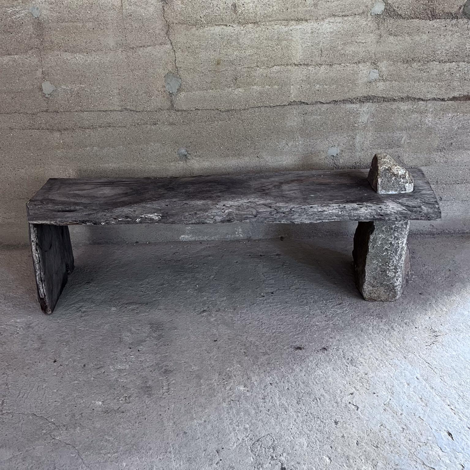 Primitive Rustic Bench Spanish Mesquite Wood and Rock Stone For Sale 7