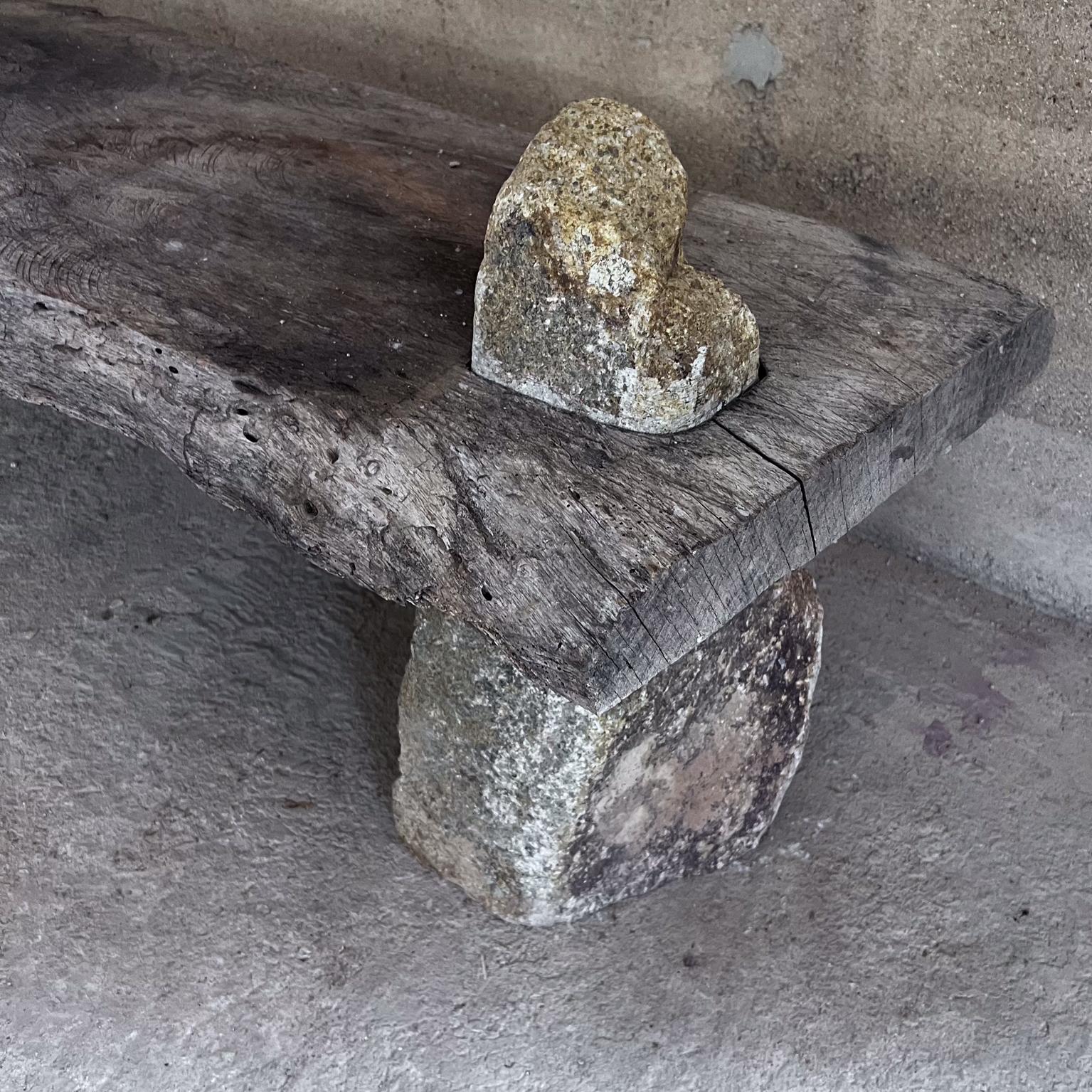Mexican Primitive Rustic Bench Spanish Mesquite Wood and Rock Stone For Sale