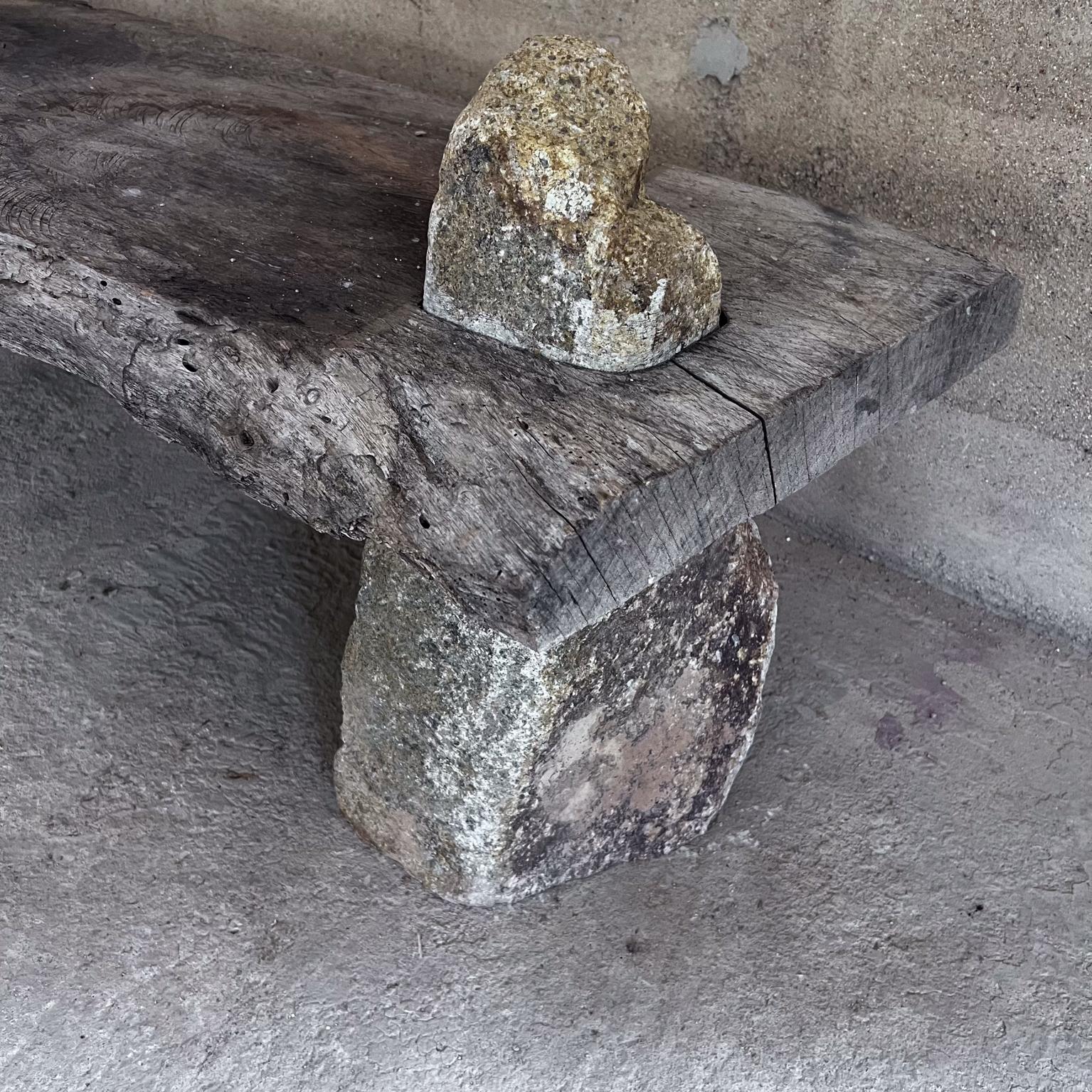 20th Century Primitive Rustic Bench Spanish Mesquite Wood and Rock Stone For Sale